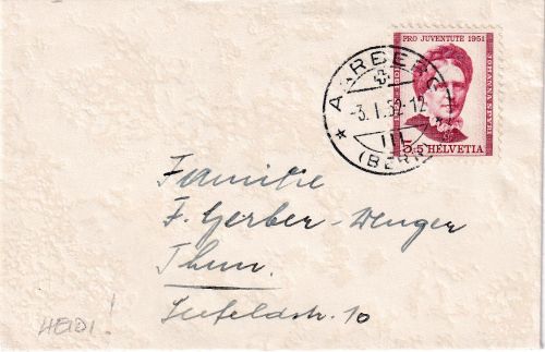 Schweiz - 5 Rp. Juventute J. Spyri Drucksache Aarberg - Thun 1952