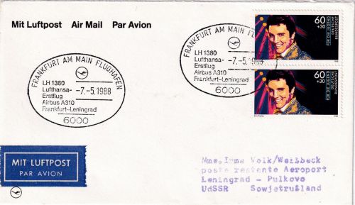 BRD - 2x60 Pfg. Jugend/Elvis Presley LH-Erstflug Frankfurt Leningrad 7.5.88