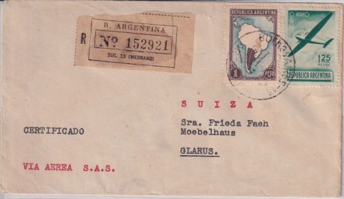 Argentinien - 1,25 P. Flugpostausg. u.a. Luftpost-Einschreibebrief i.d. SCHWEIZ
