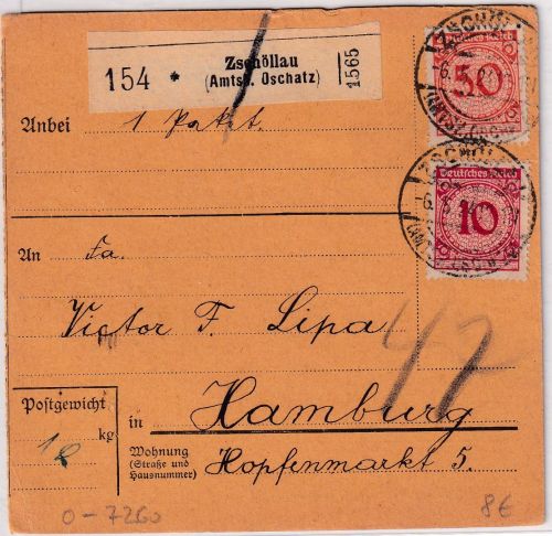 DR - 50+10 Pfg. Korbdeckel Paketkarte Zschöllau - Hamburg 1924
