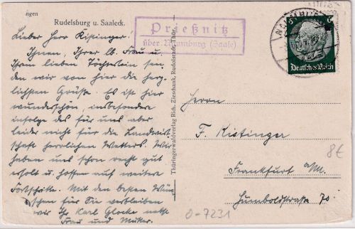 DR - Prießnitz ü. Naumburg Landpost-Ra2 Karte n. Frankfurt a/M 1934