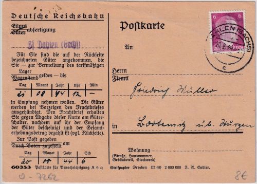 DR - 6 Pfg. AH Frachtgutbenachrichtigung/Karte Dahlen (Sachs) - Bortewitz 1944