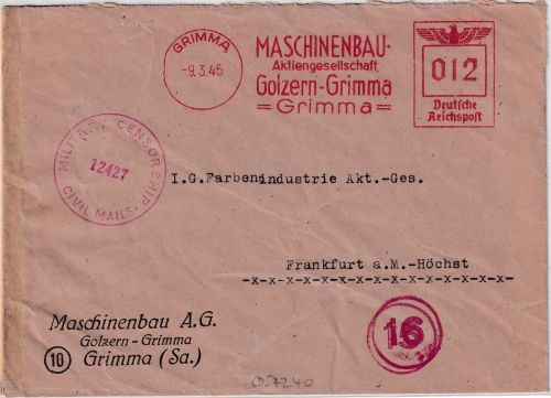 DR - Grimma 9.3.45 12 Pfg. AFS Maschinenbau AG Golzern Brief Überroller !