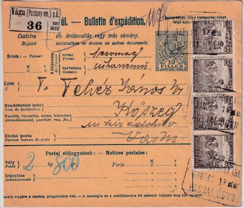 Ungarn/Slowakei - 10 F. Paketkarte + Zusatz Vaga (Pozsony) - Köszeg 1918