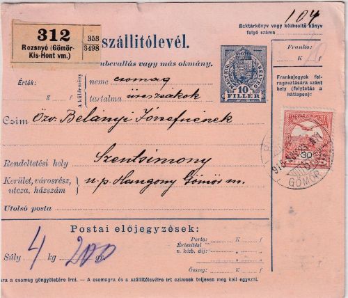 Ungarn/Slowakei - 10 F. Paketkarte + Zusatz Rozsnyo - Szentsimony 1918