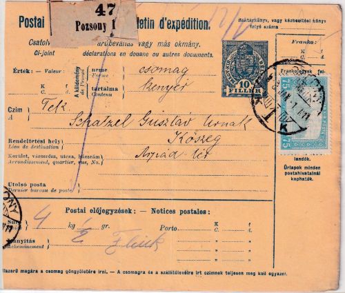 Ungarn - 10 F. Paketkarte + Zusatz Pozsony - Köszeg 1918