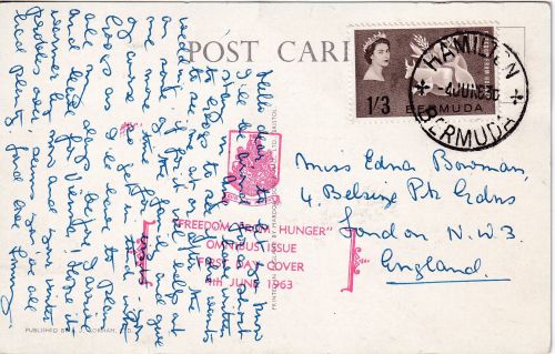 Bermuda - 1 Sh. 3 P. Kampf gg. Hunger Karte/FDC Hamilton - London Jun 4 1963