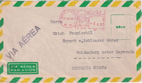 Brasilien - 4,4 Cr. Postfreistempel Luftpostbrief Sao Paulo - Weidenberg 1962