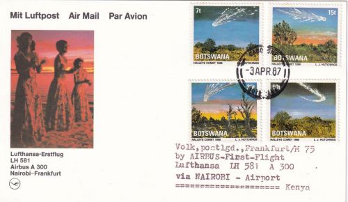 Botswana - Halleys Comet Satz/4 Werte Luftpostkarte Gaborone - FFM 1987