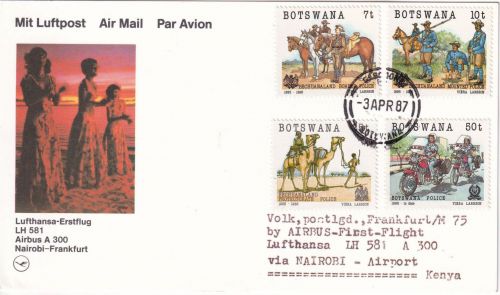 Botswana - 100 J. Polizei Satz/4 Werte Luftpostkarte Gaborone - FFM 1987