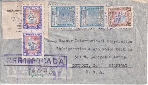 Bolivien - 2x5 B. Flugpostausg. ua. Luftpost-Einschreibebrief n. USA La Paz 1947
