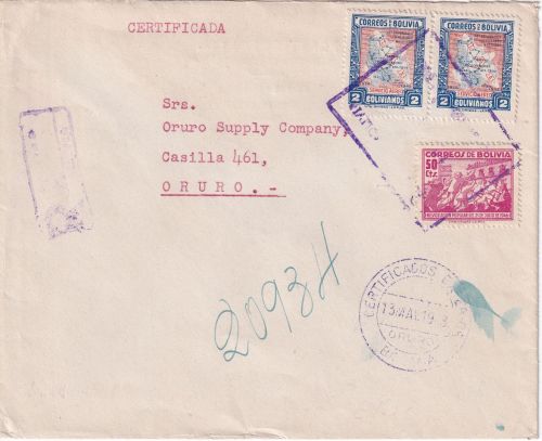 Bolivien - 2x2 B. Flugpostausgabe u.a. Einschreibebrief La Paz - Oruro 1948