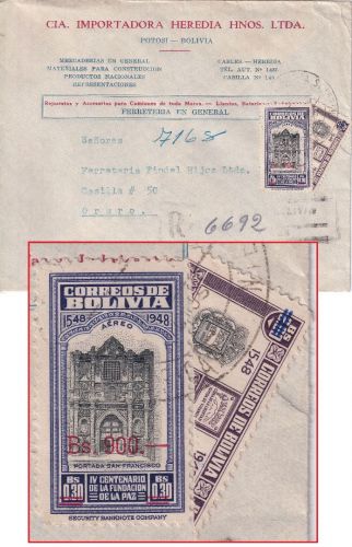 Bolivien - 100 Bs./2 Bs. Halbierung u.a. Einschreibebrief Potosi - Oruro 1958