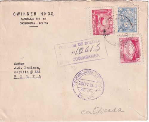Bolivien - 2,90 B. Präsidententreffen u.a. Einschreibebrief Cochabamba 1949