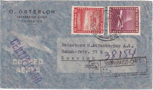 Chile - 10+4 P. Flugpostausg. Luftpost-Einschreibebrief i.d. SCHWEIZ 1949