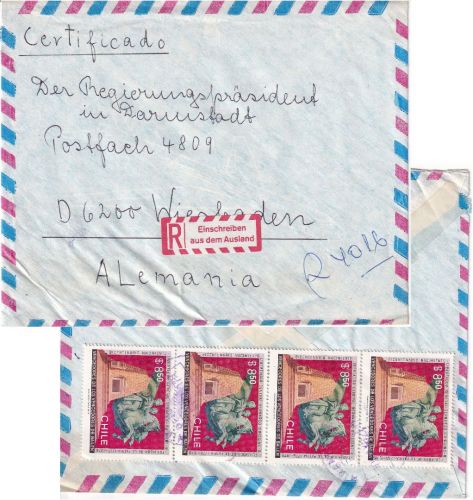 Chile - 4x8,50 P. General O'Higgins Luftpost-Einschreibebrief Santiago 1979