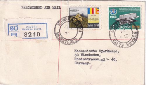 Ceylon - 1 R. OMS-Gebäude u.a. Luftpost-Einschreibebrief Nuwara Eliya 1967