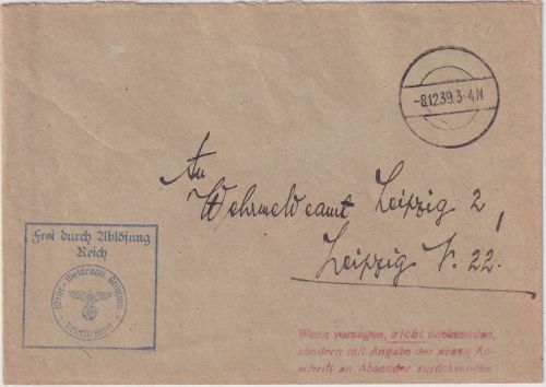 DR - Grimma Wehrmeldeamt Frei d. Ablösung Dienstbrief n. Leipzig 1939