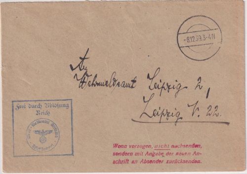 DR - Grimma Wehrmeldeamt Frei d. Ablösung Dienstbrief n. Leipzig 1939