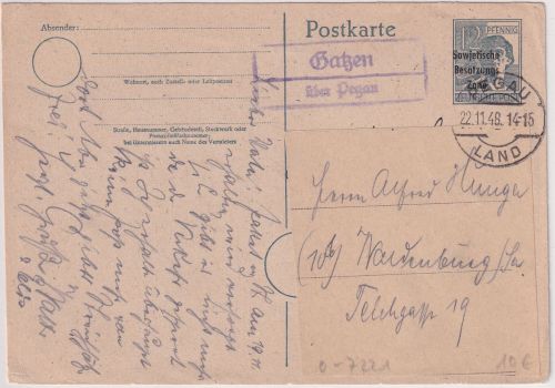 All.Bes. - Gatzen ü. Pegau Landpost-Ra2 ganzsache n. Waldenburg 1948