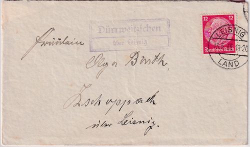 DR - Dürrweitzschen ü. Leisnig Landpost-Ra2 Brief n. Zschoppach 1935