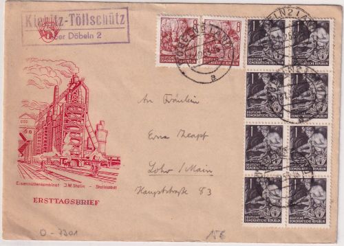 DDR - 8x1+2x8 Pfg. 5JPlan Brief Landpost-Ra2 Kiebitz-Töllschütz ü. Döbeln 2 1953
