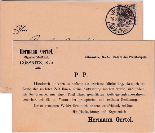 DR - 3 Pfg. K/A Drucksachenkarte/Reiseavis Gössnitz - Eisenberg 1892