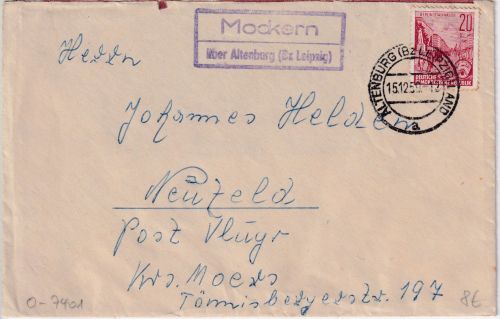 DDR - Mockern ü. Altenburg (Bz. Leipzig) Landpost-Ra2 Brief n. Neufeld 1958