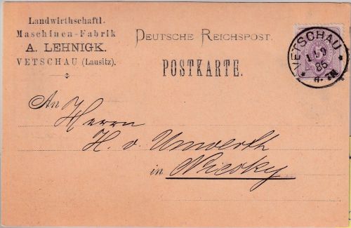 DR - Vetschau 1.9.86 K1 Firmenkarte (Landwirtschaftl. Maschinenfabrik) n. Niesky