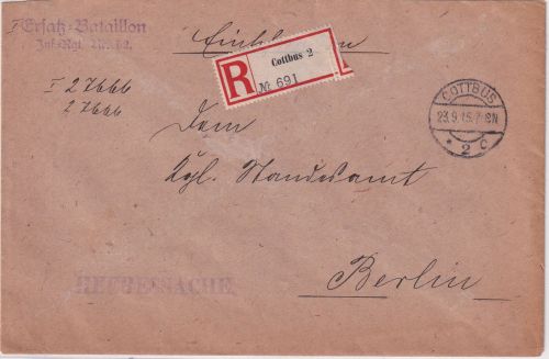 DR - Cottbus 2 1915 Heeressache/Einschreibebrief n. Berlin