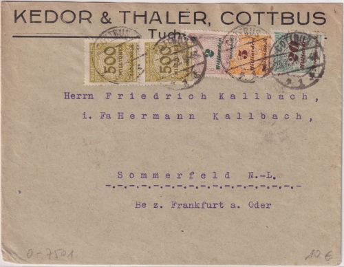 DR-Infla - 20 Mrd. Korbdeckel u.a. Brief (2.Gew.st.) Cottbus Sommerfeld 25.11.23