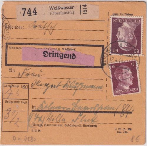 DR - 60+15 Pfg. AH Dringend-Paketkarte Weißwasser (Oberlausitz) - Kolmar 1944