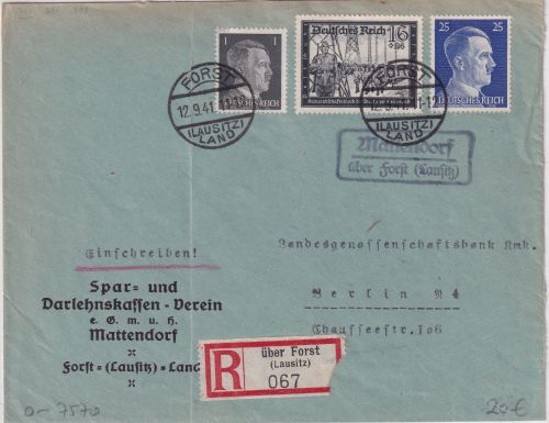 DR - Mattendorf ü. Forst (Lausitz) Landpost-Ra2 Einschreibebrief n. Berlin 1941