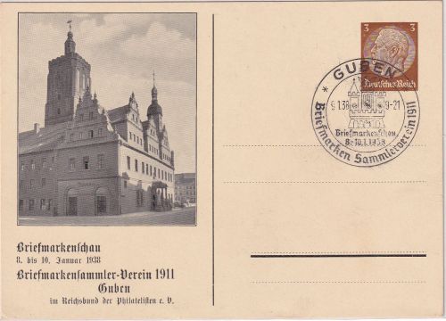 DR - Guben Briefmarkenschau 1938 3 Pfg. Hindenburg Privatganzsache m. SST