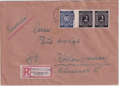 All.Bes. - Neuzauche ü. Cottbus Poststelle I Einschreibebrief n. Köthen 1947