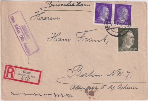 DR - Missen ü. Calau (Nd. Lausitz) Landpost-Ra2 Einschreibebrief n. Berlin 1944