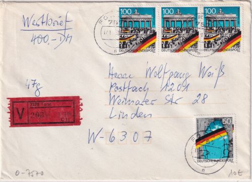 BRD - 3x100+50 Pfg. Mauerfall Wertbrief Forst - Linden 1990