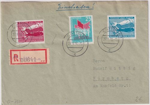 DDR - Cottbus 1958 apt. Tagesstempel Einschreibebrief n. Nürnberg