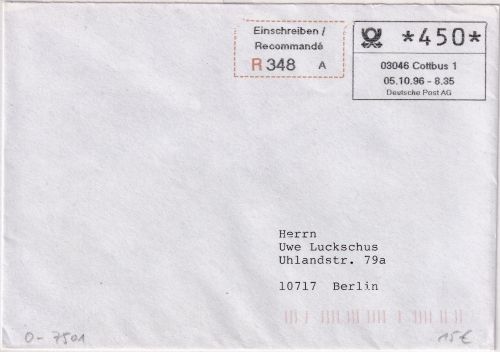 BRD - Cottbus 5.10.96 ABAS-Einschreibebrief n. Berlin + Aufg.schein/Quittung