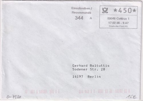 BRD - Cottbus 17.2.96 ABAS-Einschreibebrief n. Berlin + Aufg.schein/Quittung