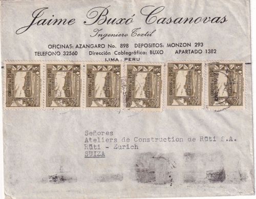 Peru - 6x5 C. Volksküche Firmenbrief i.d. SCHWEIZ Lima - Zürich 1952