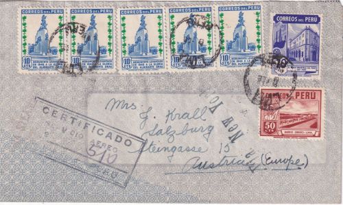 Peru - 5x10 C. Admiral Grau Einschreibebrief n. ÖSTERREICH Lima - Salzburg 1950