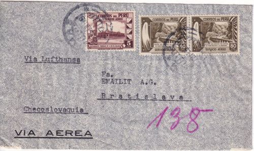 Peru - 2x80 C. Flugpostausg. u.a. Luftpost-Einschreibebrief i.d. SLOWAKEI 1938