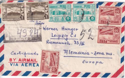 Peru - 3x50 C. Freimarken u.a. Luftpost-Einschreibebrief Lima - Leipzig 1950