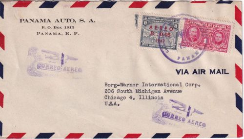 Panama - 5/8 C. Aero Überdruck + 1 C. Zwangszuschlag Luftpostbrief n. USA 1948
