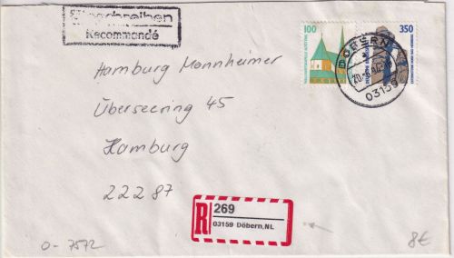 BRD - Döbern NL 1994 Einschreibebrief (Selbstklebelabel) n. Hamburg