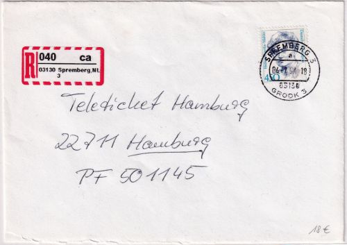 BRD - Spremberg NL 3 1994 Einschreibebrief (Selbstklebelabel) n. Hamburg