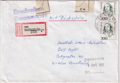 BRD - 2x300 Pfg. Frauen Einschreibebrief/Rückschein Jänschwalde Ost 1991