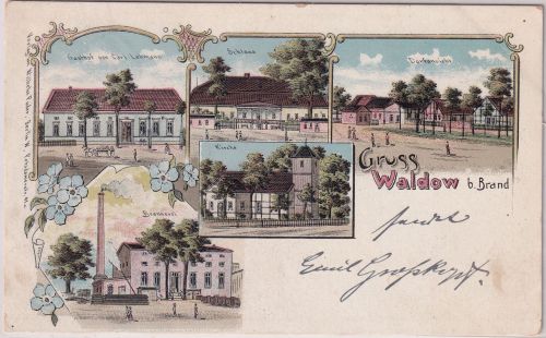 Sachsen - Waldow b. Brand Brennerei Gasthof etc Mehrbild-Farblitho gelaufen 1902