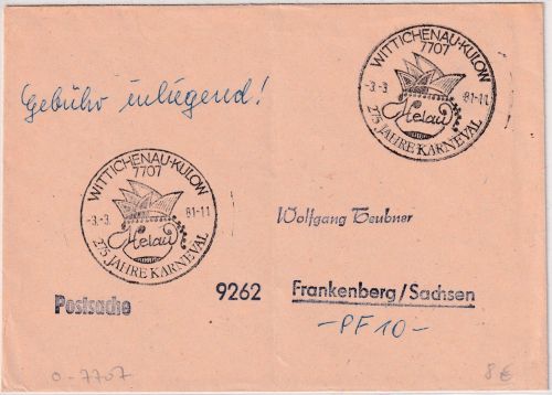 DDR - Wittichenau-Kulow 275 Jahre Karneval SST Postsache n. Frankenberg 1981